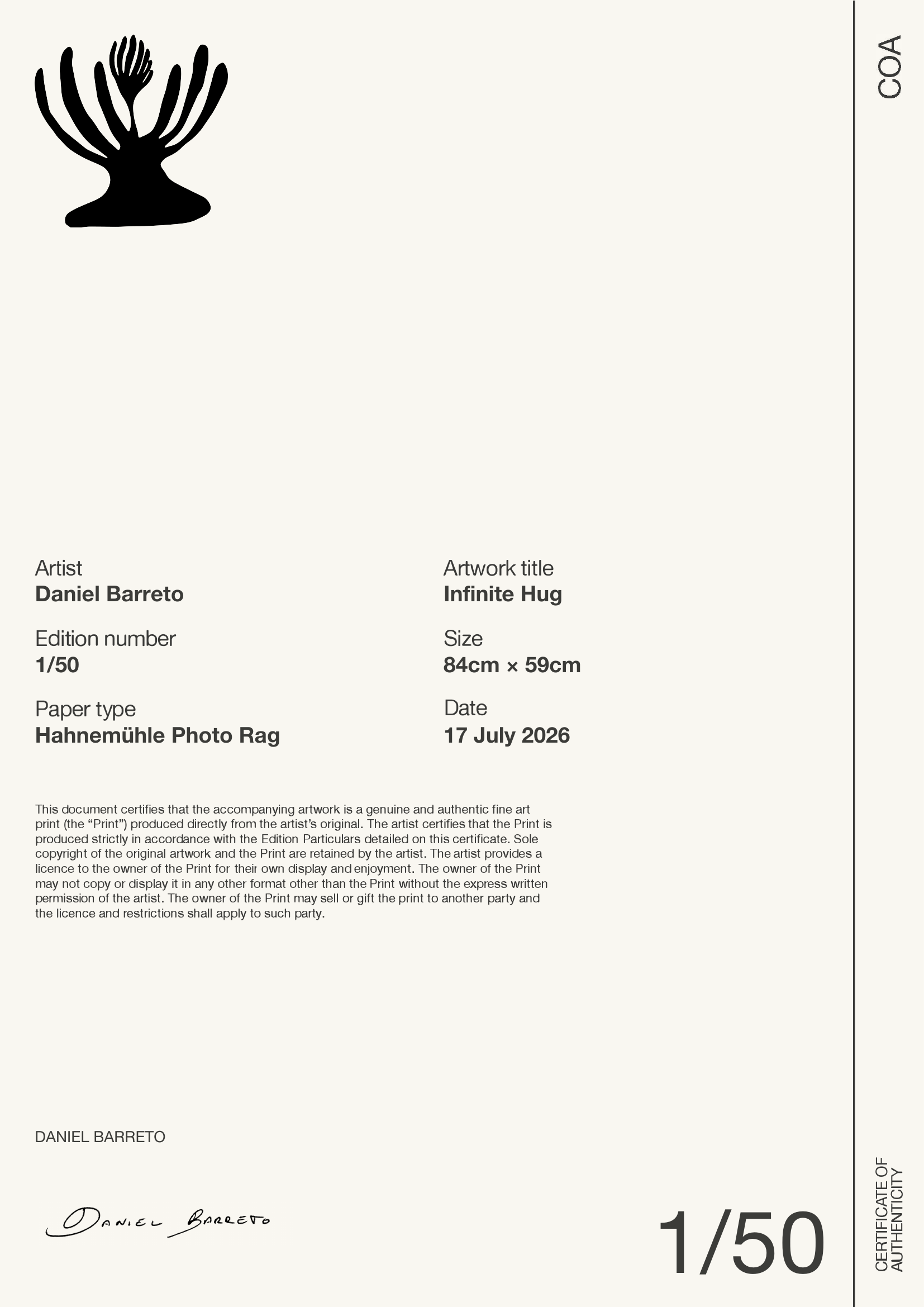 Infinite Hug — Certificate of Authenticity